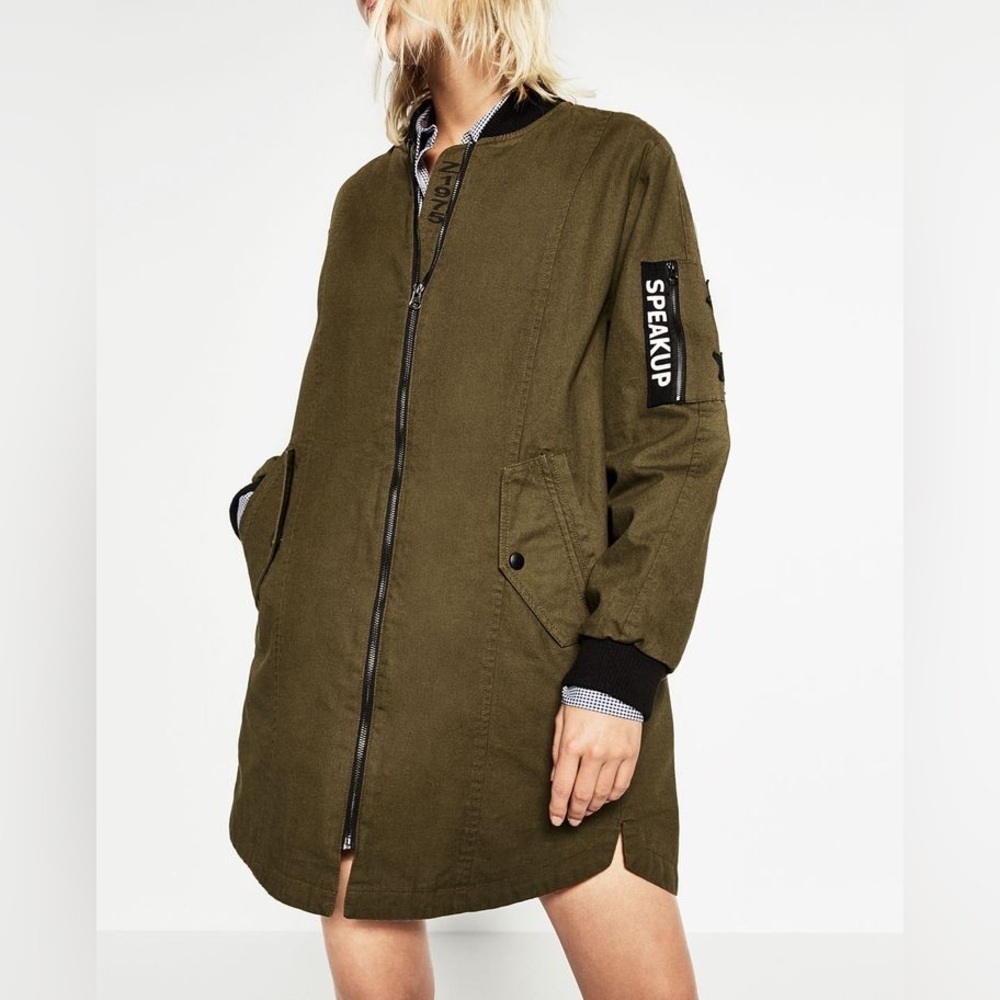 Zara Denim Speak Up Long Bomber Jacket